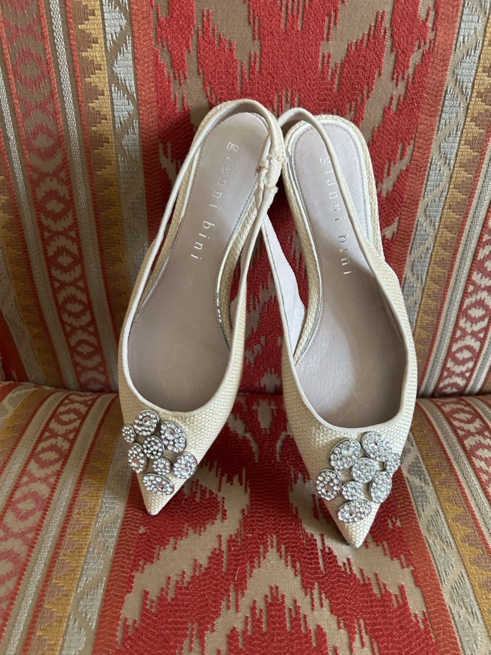 Gianni Bini Ivory Pointed Slingback Flats with Crystal Clusters